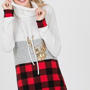 Red Buffalo Plaid Reindeer Sequin Cowl Neck Sweater